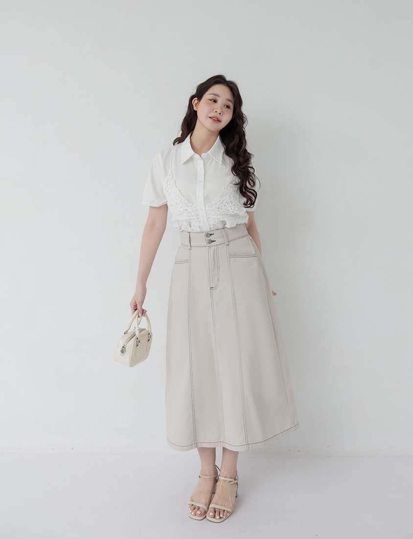 Contrast Stitch Back Slit A-Line Plus Size Maxi Skirt