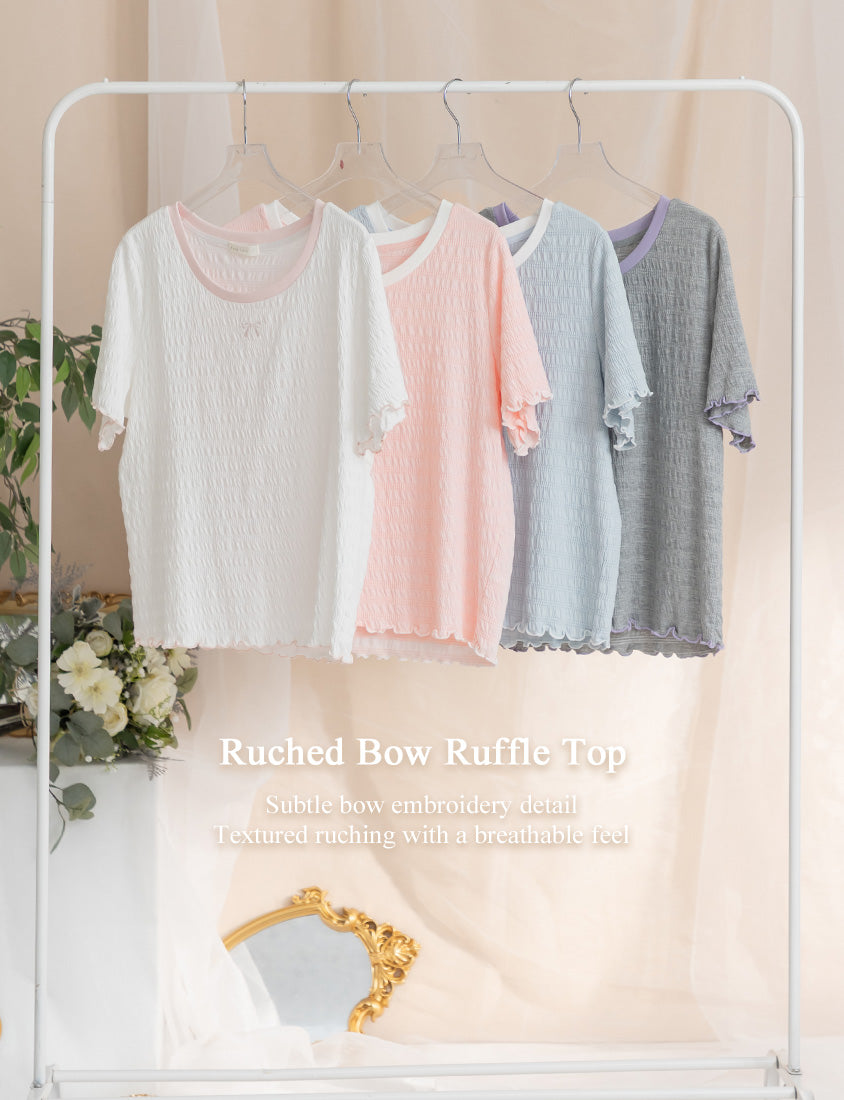 Bow Embroidery Ruffle Crinkle Plus Size Top