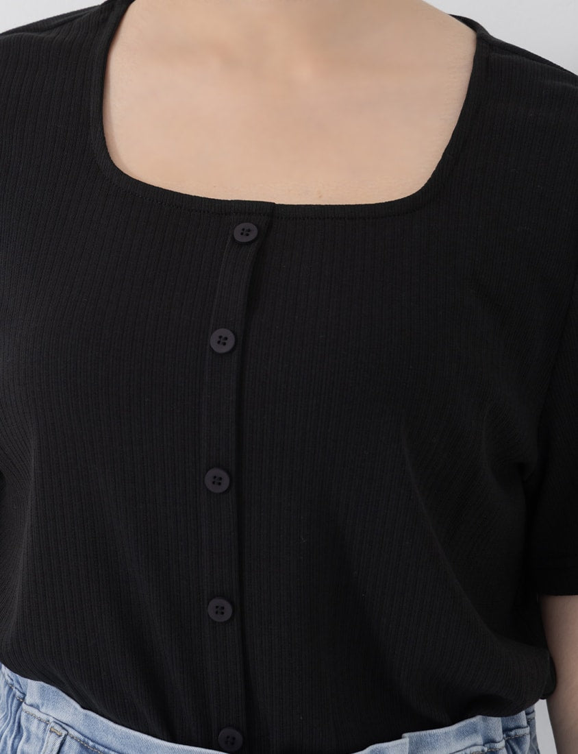 Tencel Ribbed Faux Button Square Neck Plus Size Top