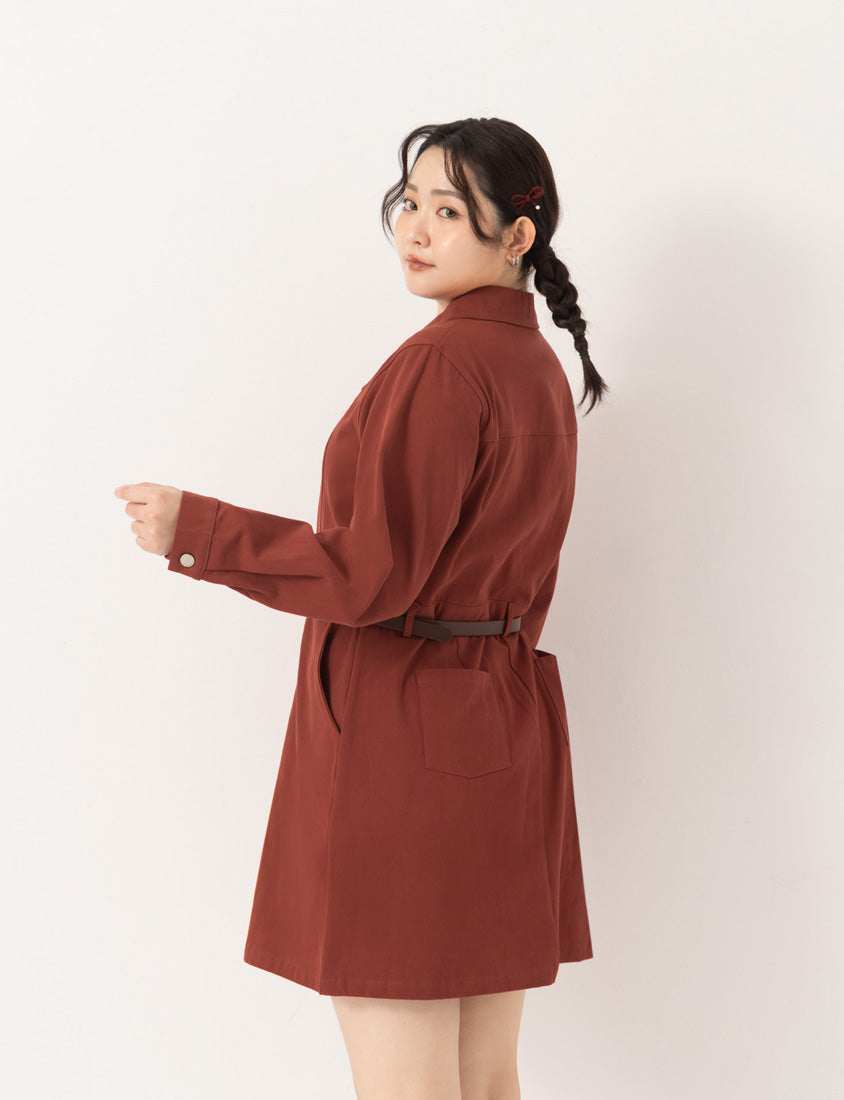 Twill Colorblock Topstitched Button-Up Plus Size Mini Dress (With Belt)