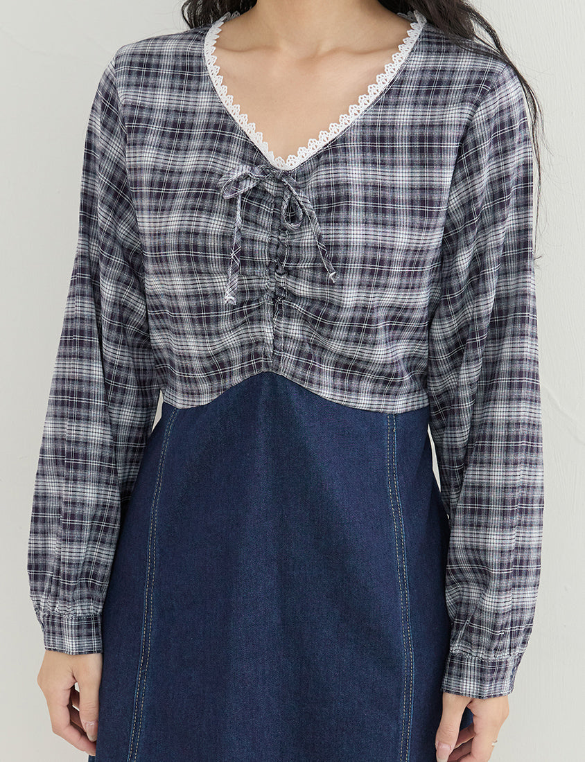Vintage Plaid Faux Two-Piece Denim Plus Size Mini Dress