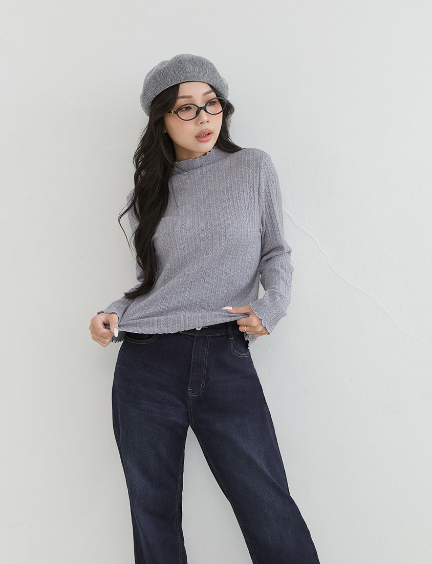 Soft Cable Knit Ribbed Rolled Edges Long Sleeve Plus Size Top