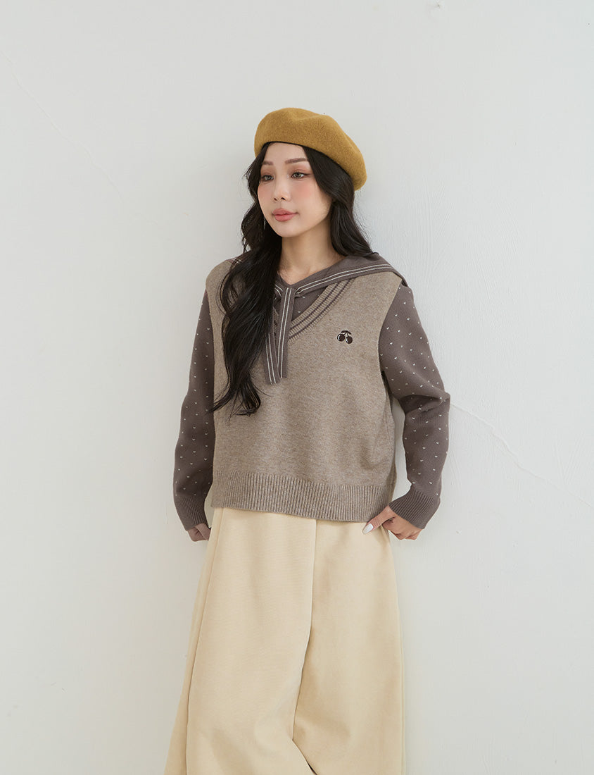Preppy Cherry Embroidered Cropped Knit Plus Size Vest