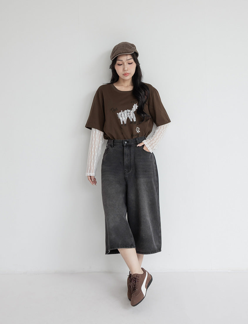 Contrast Lace Cat Faux Two-Piece Plus Size Tee