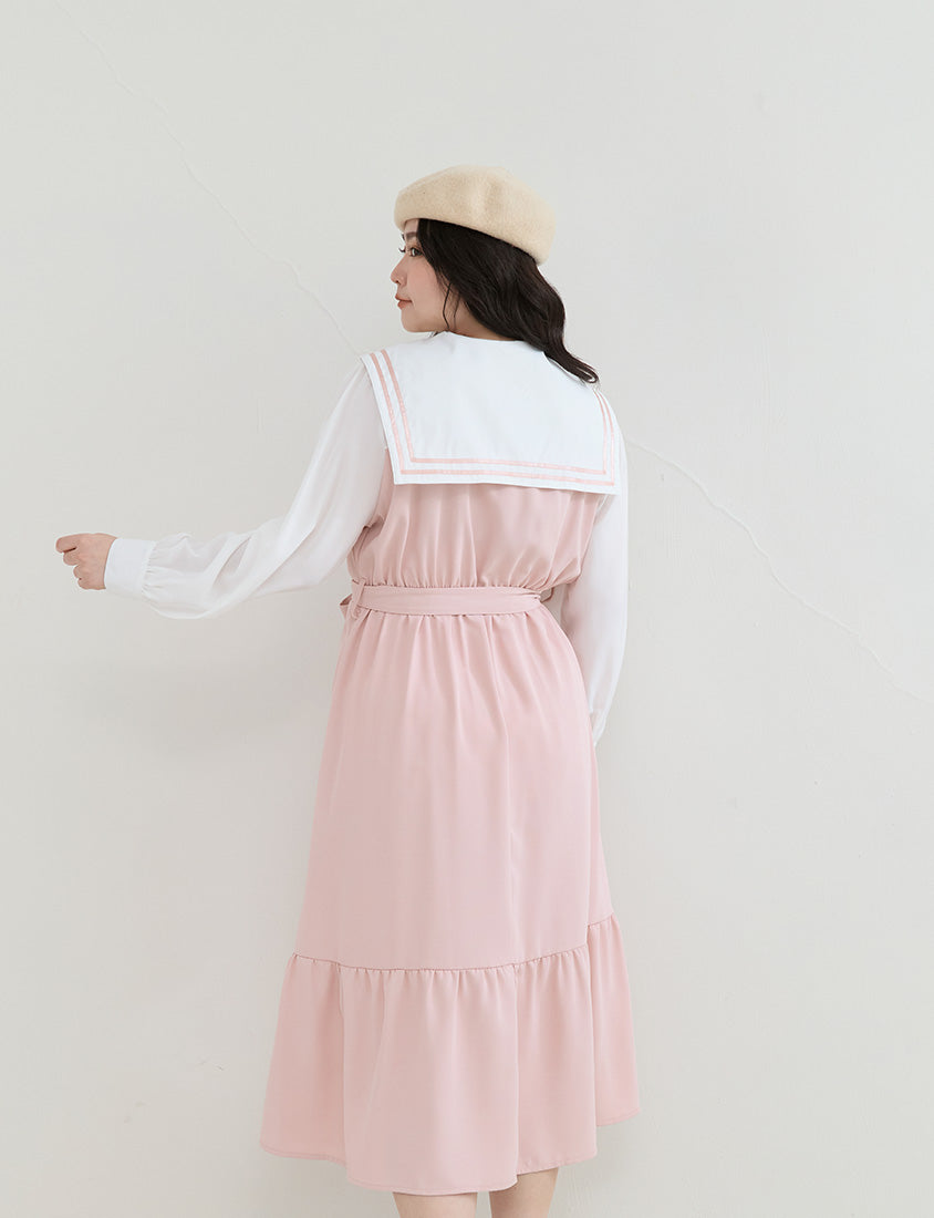 Contrast Sailor Collar Faux Two Piece Plus Size Maxi Dress (With Waist Tie)