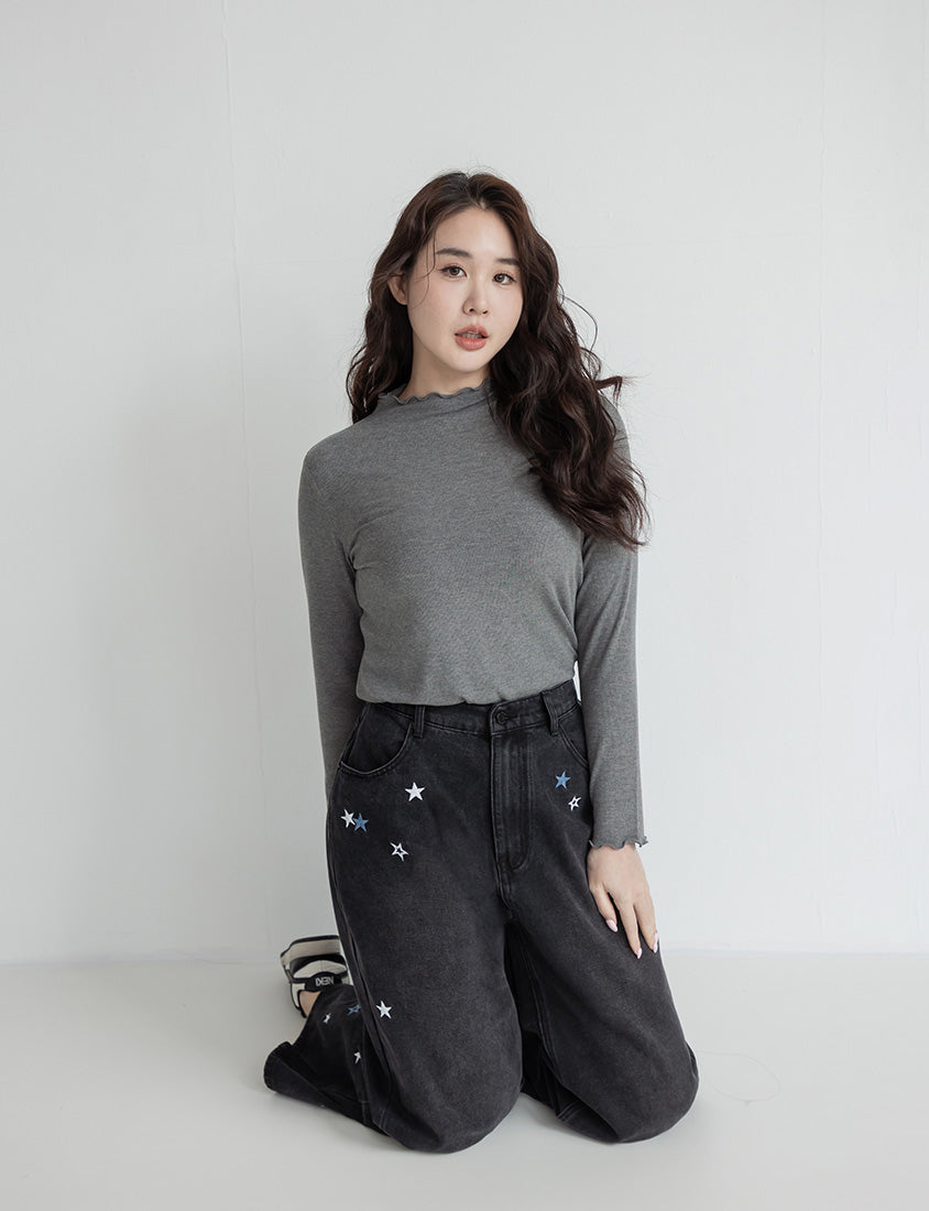 Ribbed Lettuce Trim Mock Neck Plus Size Top