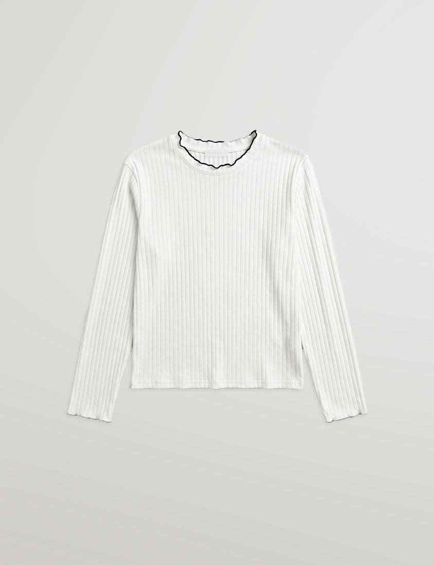 Soft Wide Ribbed Ruffle-Trim Long Sleeve Plus Size Top
