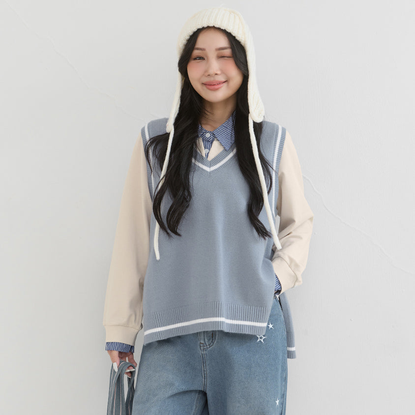 Preppy V-Neck Contrast Stripe Knit Plus Size Vest