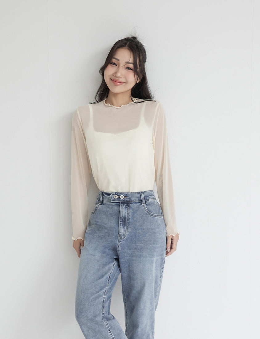 Versatile Ruffle Trim Sheer Long Sleeve Plus Size Top