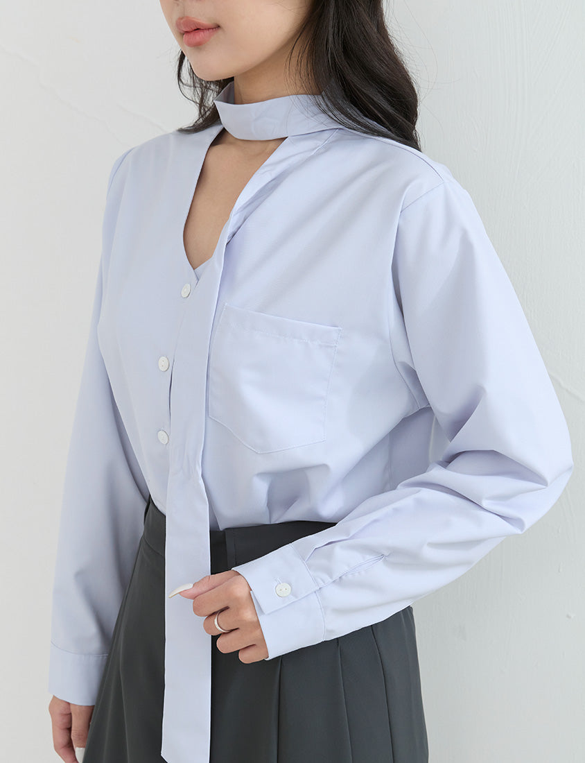 Korean Style Tie Neck Long Sleeve Plus Size Blouse