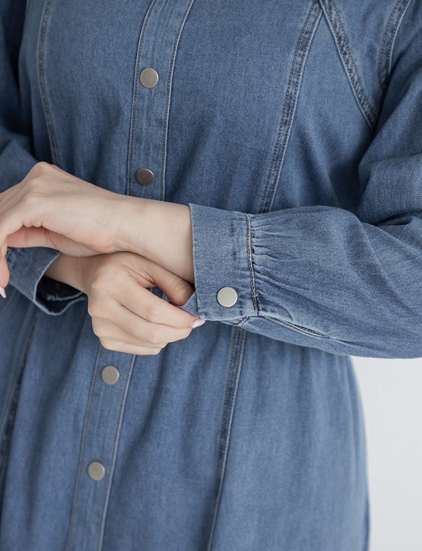 Smock-Waisted Square Neck Faux-Button Denim Plus Size Maxi Dress