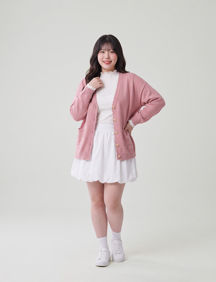 Cute Lettuce Trim V-Neck Knit Plus Size Cardigan