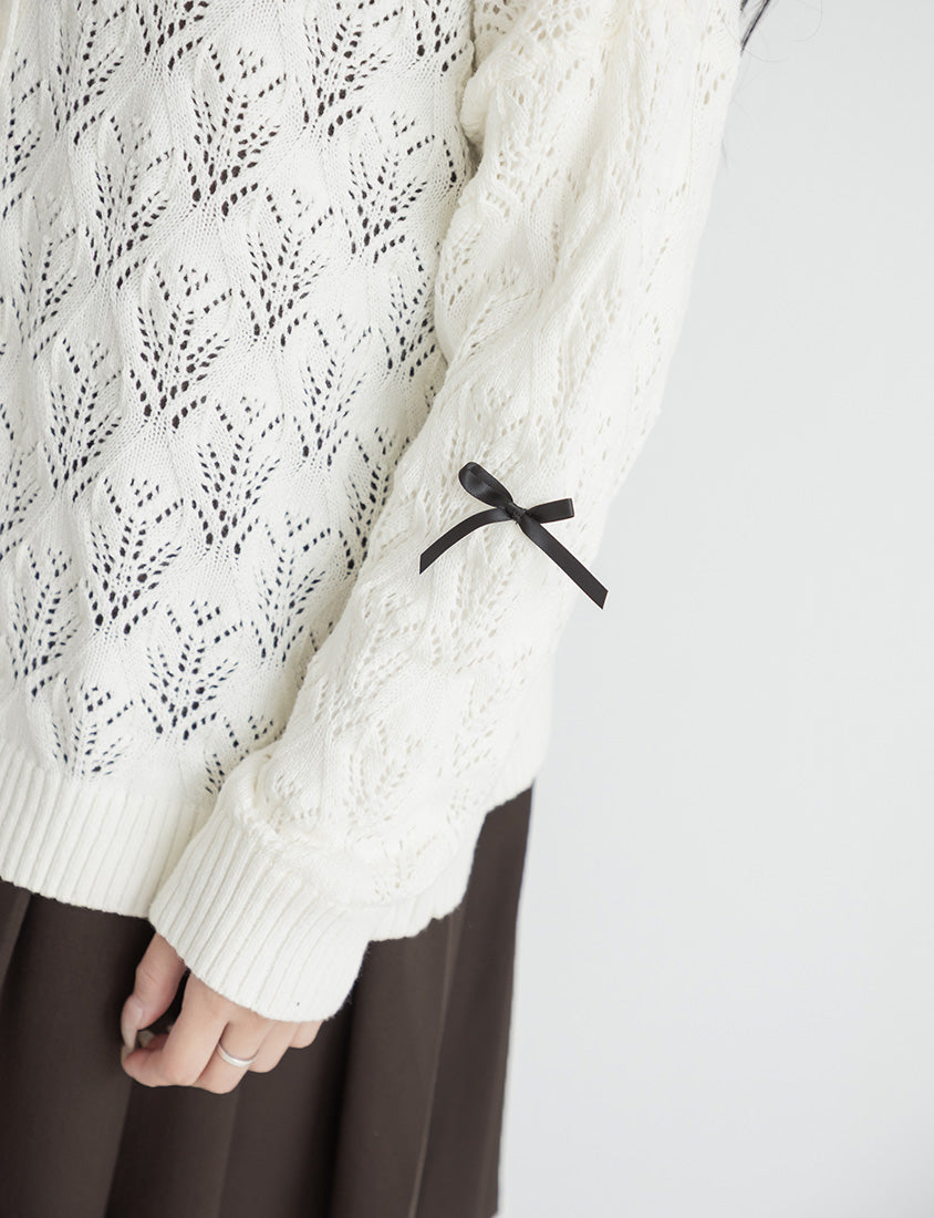 Sweet Bow-Detail Openwork Knit Plus Size Cardigan