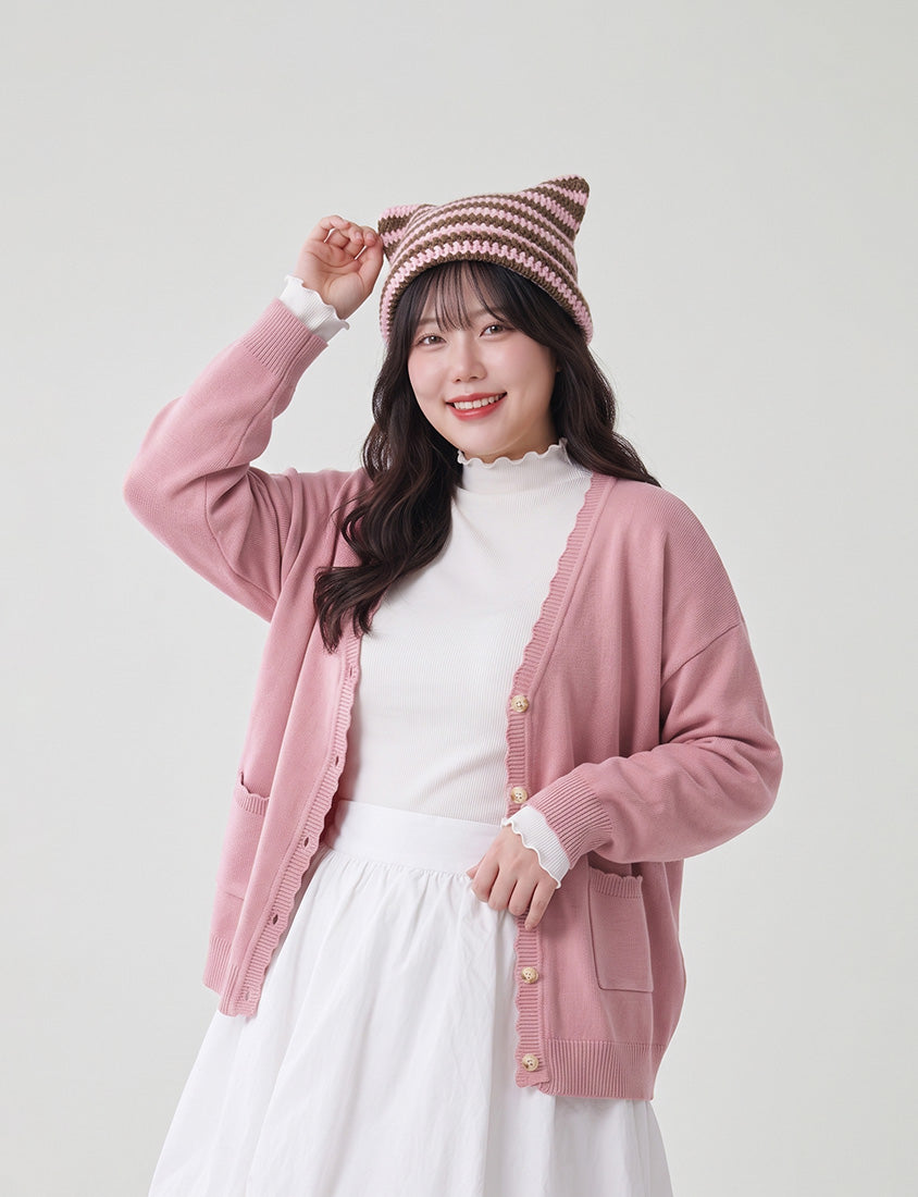 Cute Lettuce Trim V-Neck Knit Plus Size Cardigan