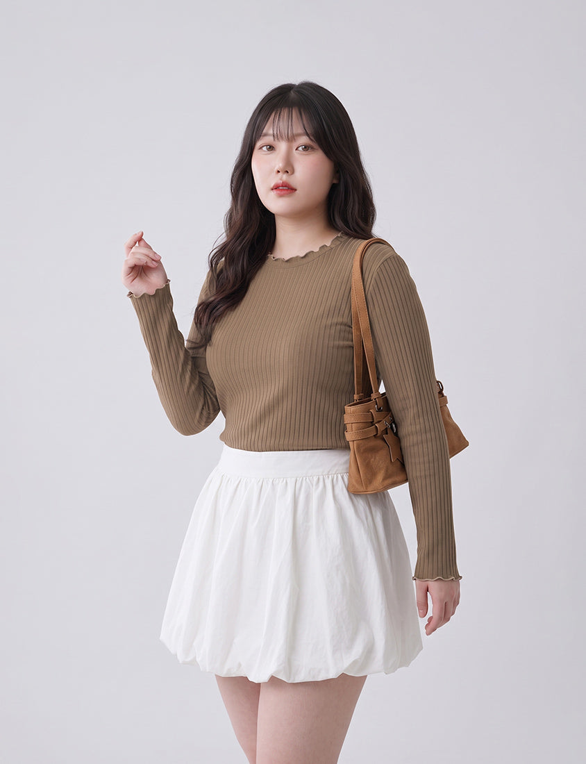 Soft Wide Ribbed Ruffle-Trim Long Sleeve Plus Size Top