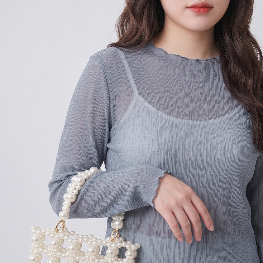 MISS. Ethereal Crinkle Sheer Mock-Neck Plus Size Top