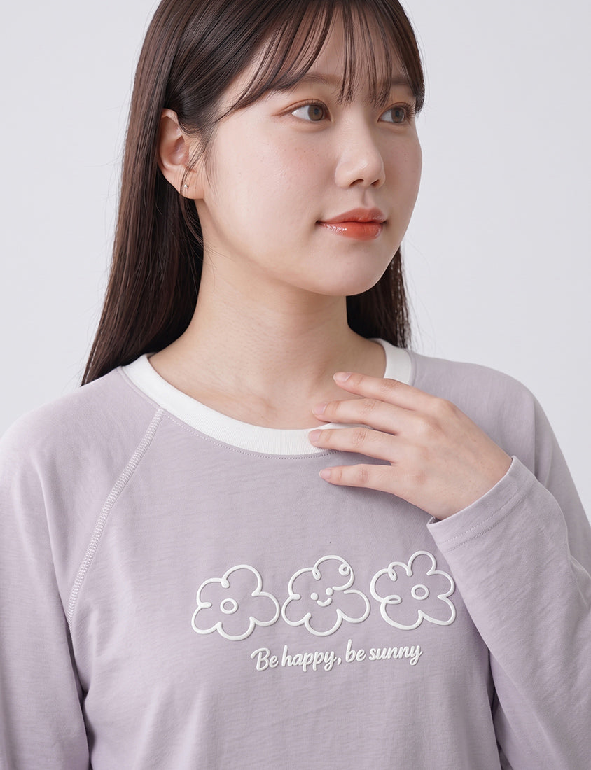 Contrast Floral Puff Print Long-Sleeve Plus Size Tee