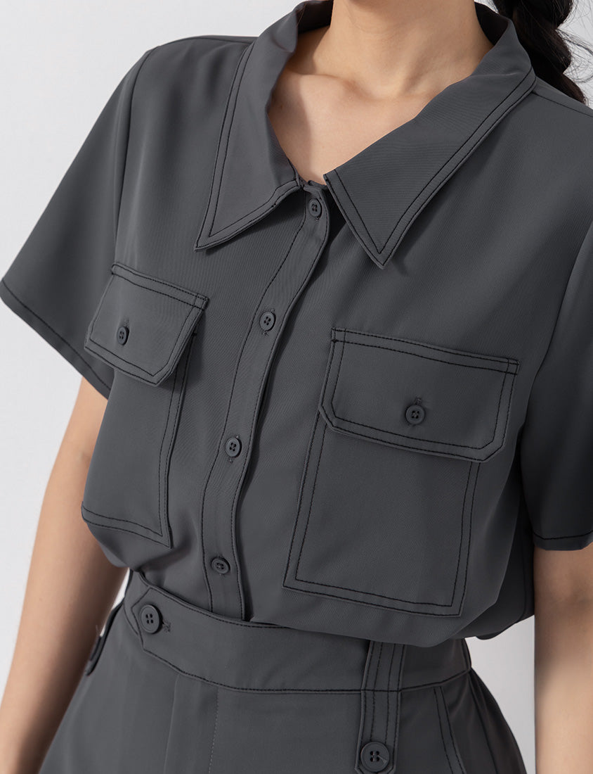 Contrast Stitch Lightweight Utility Chiffon Plus Size Shirt