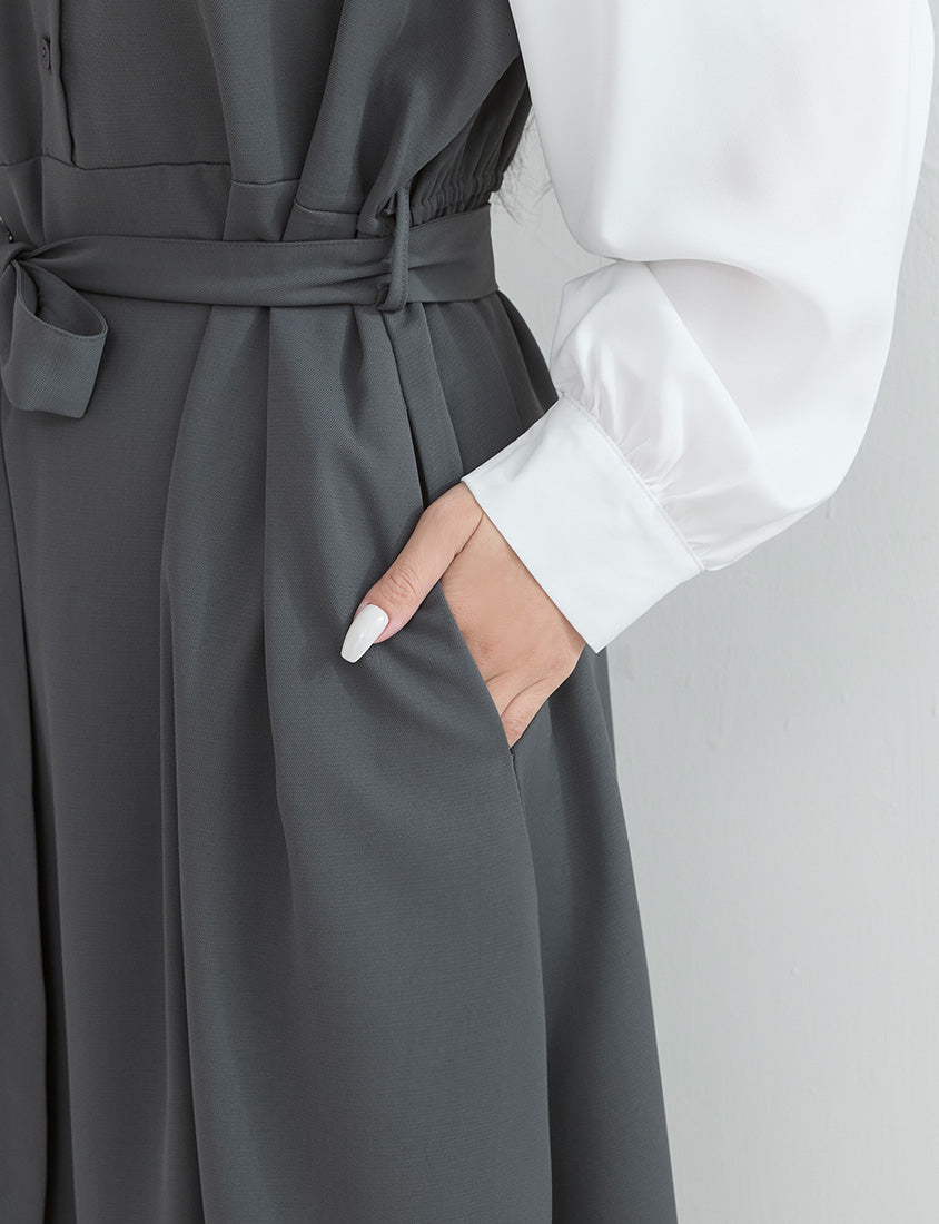 Contrast Sailor Collar Faux Two Piece Plus Size Maxi Dress (With Waist Tie)