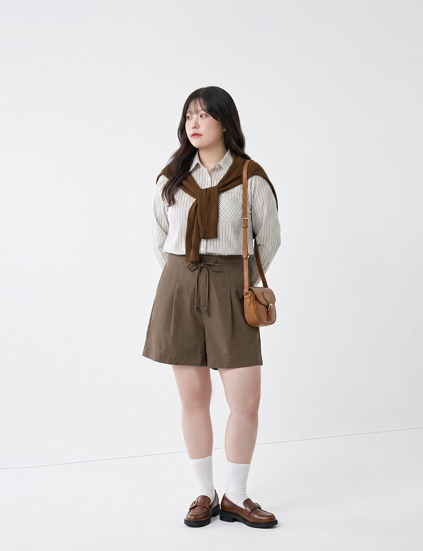 Contrast Stripe Long Sleeve Plus Size Shirt (With Shawl)