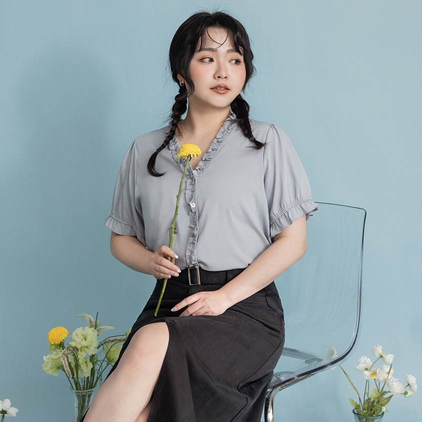 Romantic Ruffle V-Neck Short Sleeve Plus Size Blouse