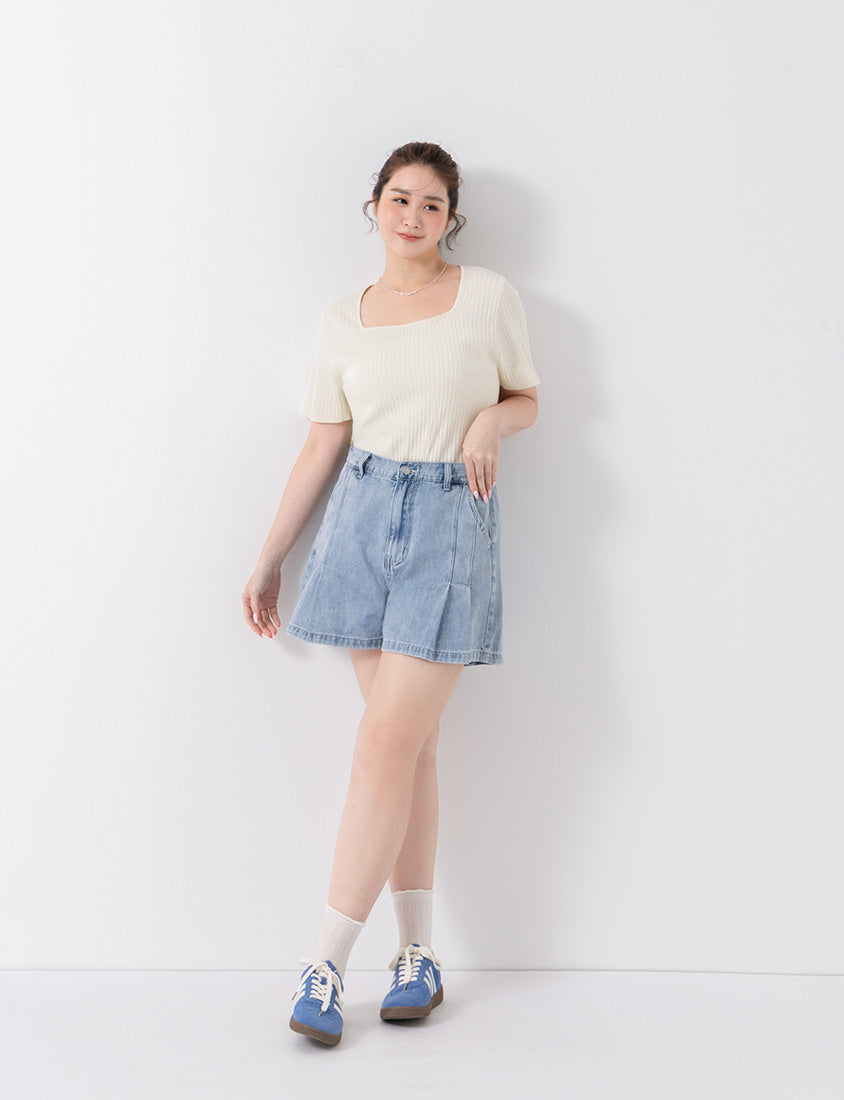 Classic Multicolor Square Neck Ribbed Knit Plus Size Top