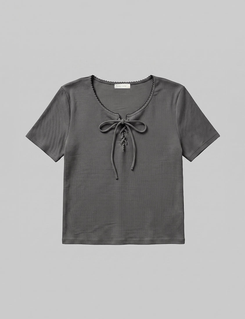 Ruffle Trim Ribbed Tie Front Short Sleeve Plus Size Top
