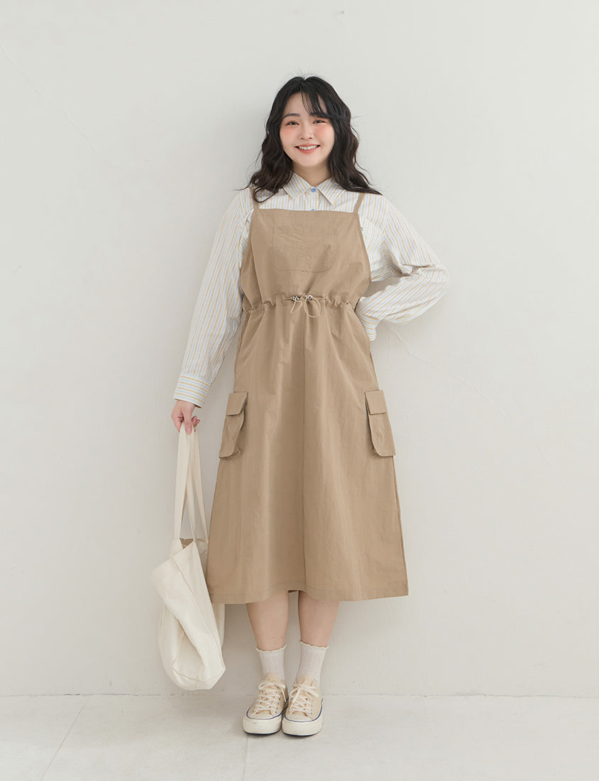 Vintage Utility Adjustable Strap Plus Size Maxi Dress