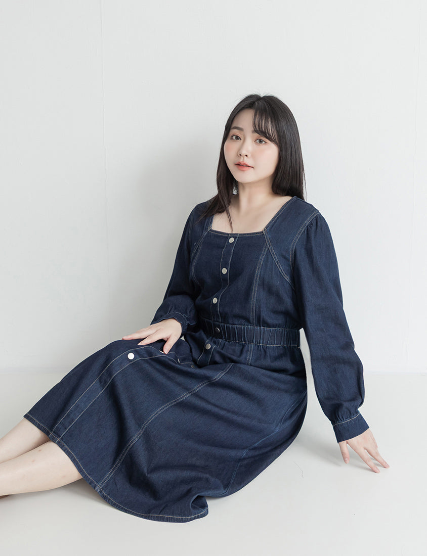Smock-Waisted Square Neck Faux-Button Denim Plus Size Maxi Dress