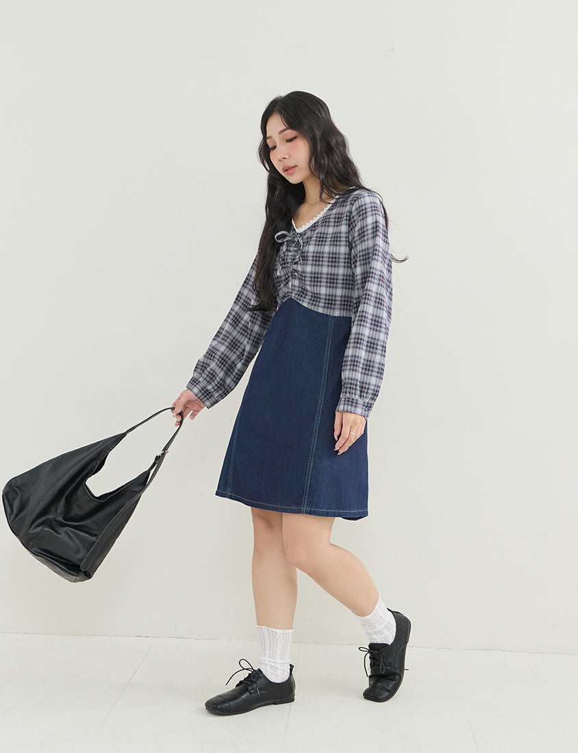 Vintage Plaid Faux Two-Piece Denim Plus Size Mini Dress