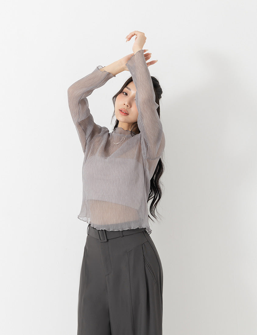MISS. Ethereal Crinkle Sheer Mock-Neck Plus Size Top