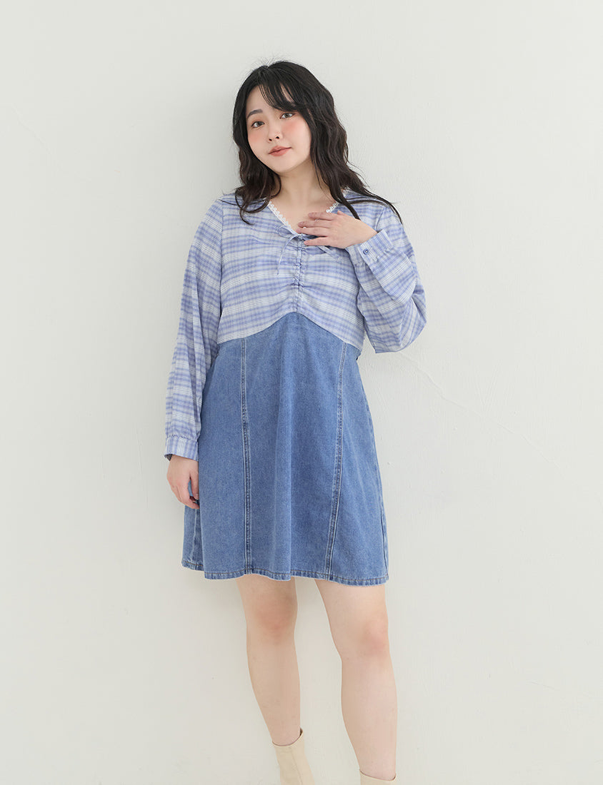 Vintage Plaid Faux Two-Piece Denim Plus Size Mini Dress
