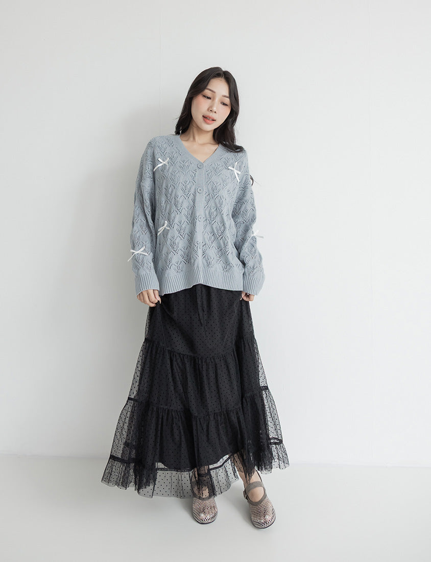 Sweet Bow-Detail Openwork Knit Plus Size Cardigan