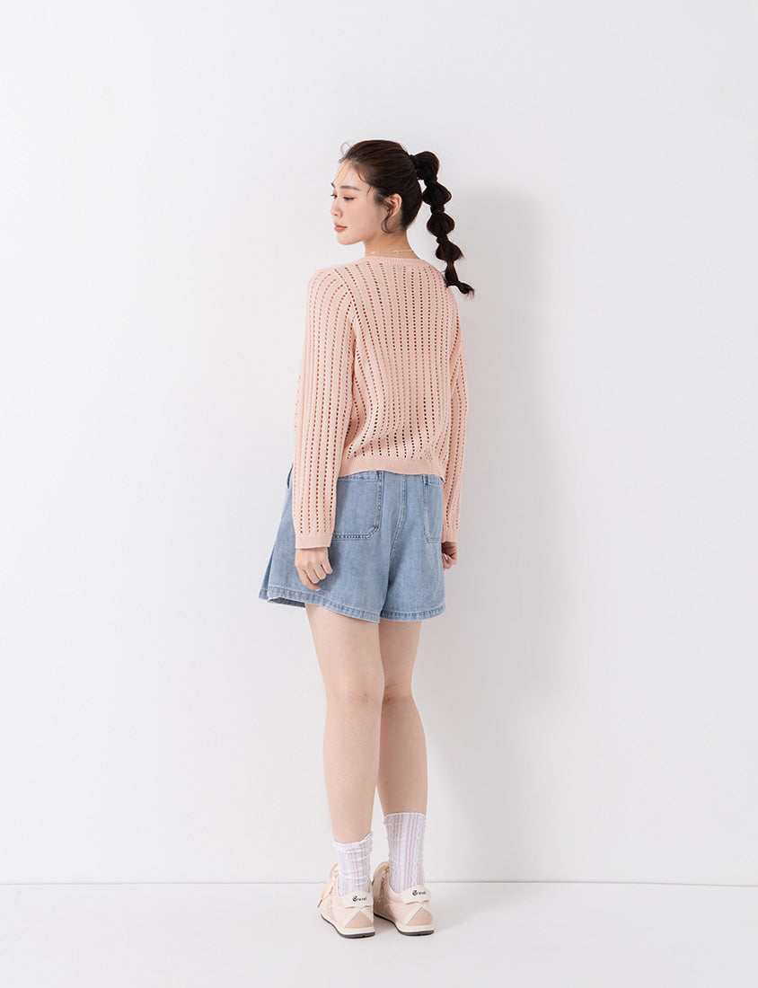 V-Neck Openwork Ribbed Knit Long Sleeve Plus Size Top