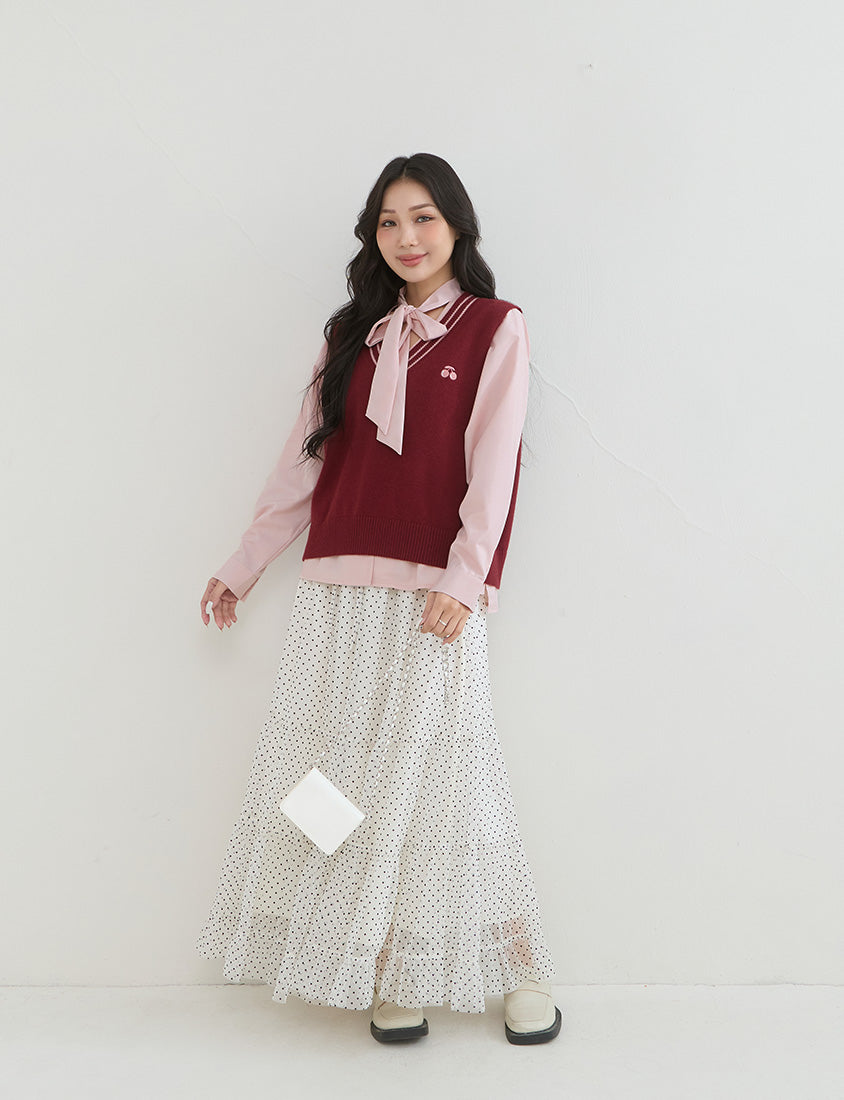 Preppy Cherry Embroidered Cropped Knit Plus Size Vest