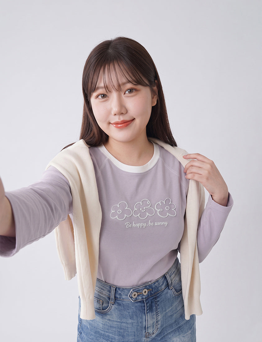 Contrast Floral Puff Print Long-Sleeve Plus Size Tee