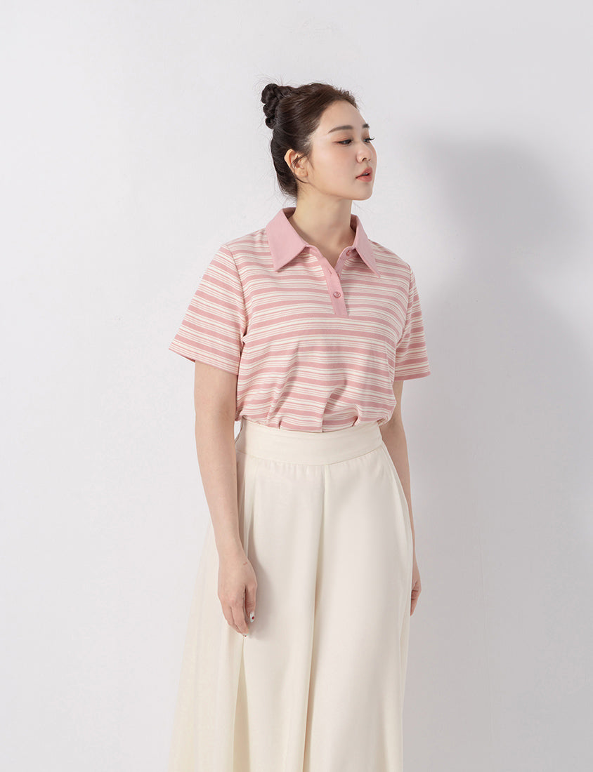 Youthful Contrast Stripe Polo Plus Size Top