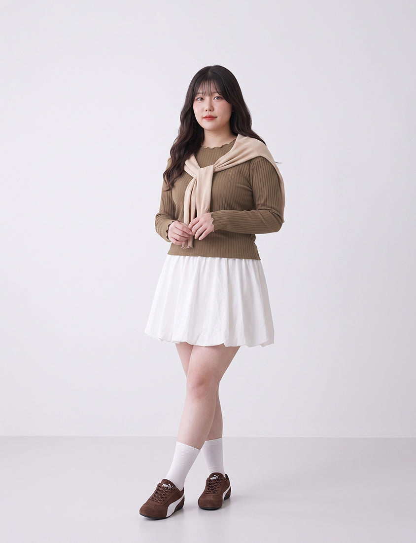 Soft Wide Ribbed Ruffle-Trim Long Sleeve Plus Size Top