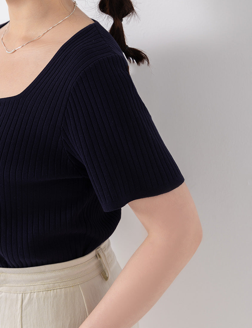 Classic Multicolor Square Neck Ribbed Knit Plus Size Top
