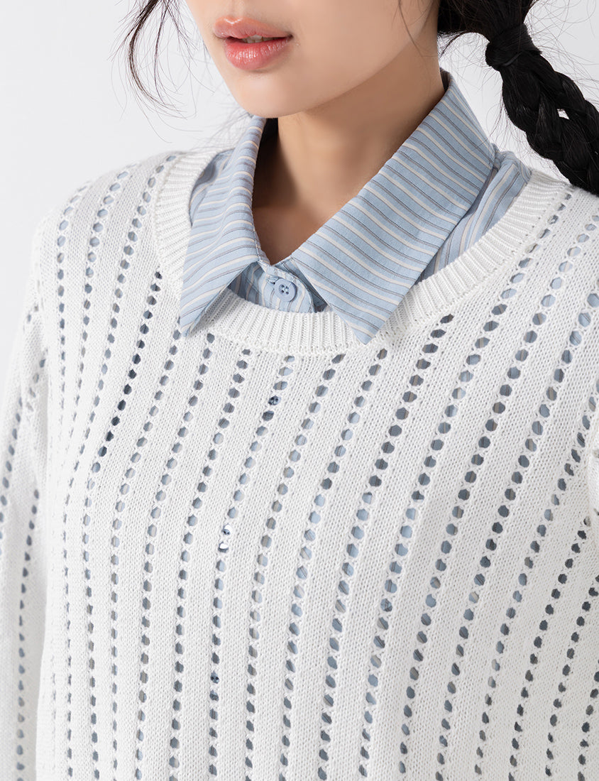 Crew Neck Openwork Ribbed Knit Long Sleeve Plus Size Top