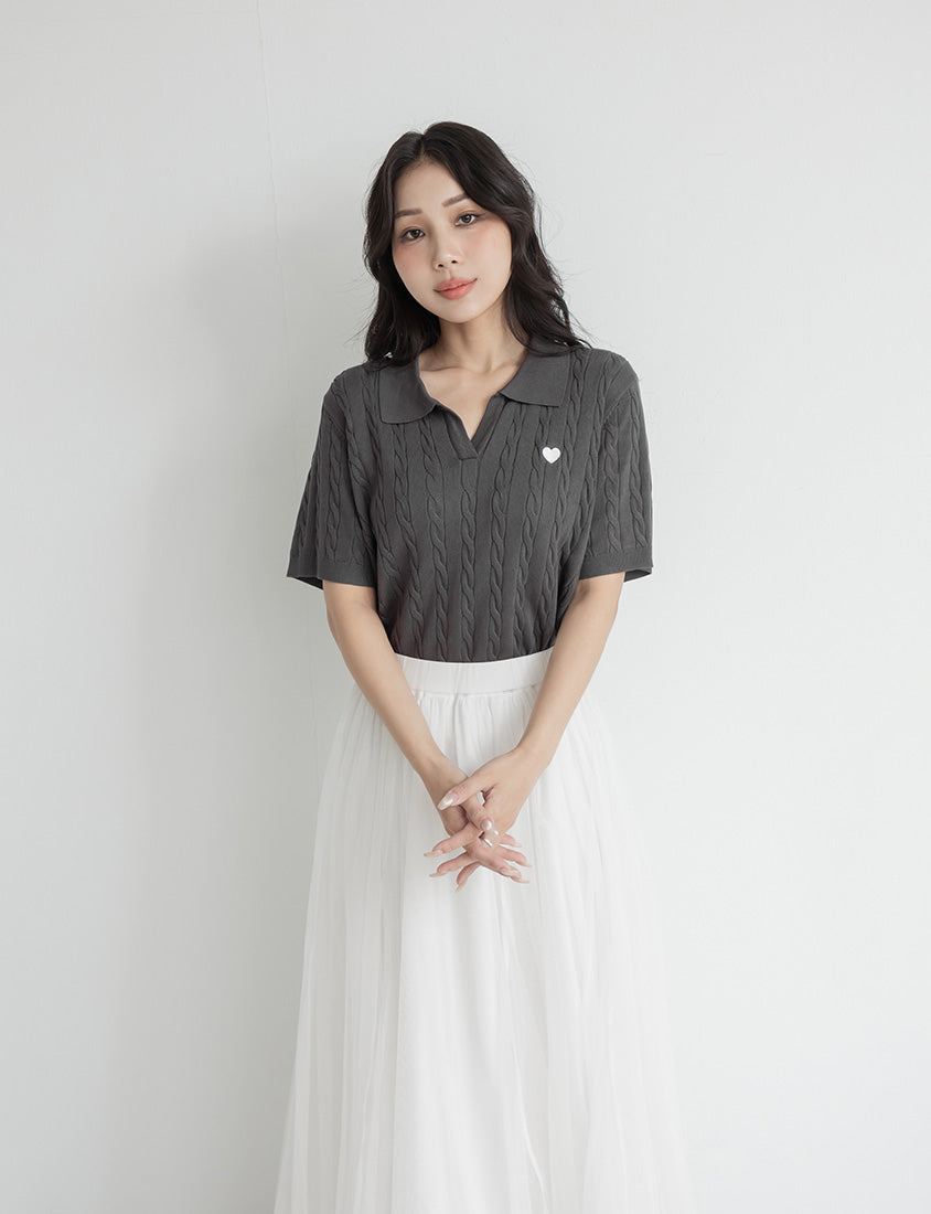 Heart Embroidered V-Neck Cable Knit Short Sleeve Plus Size Top