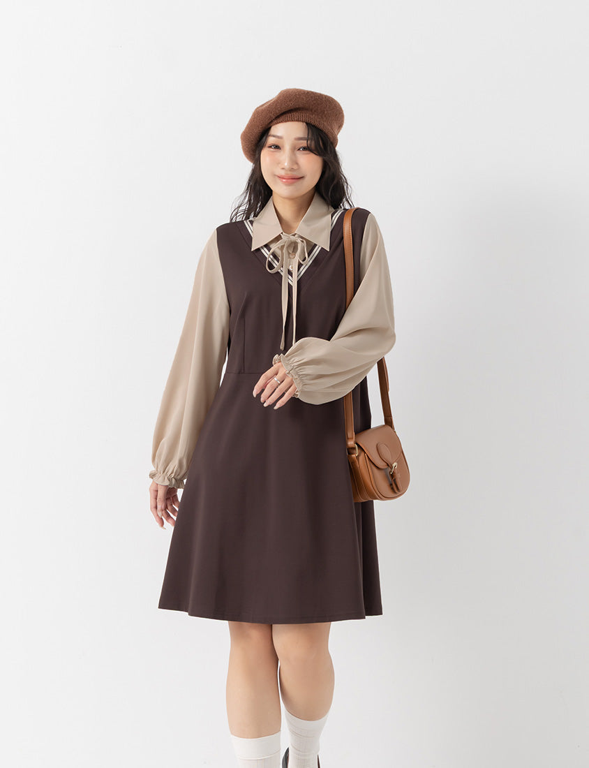 Preppy Contrast Color Faux Two-Piece Plus Size Mini Dress (With Tie)