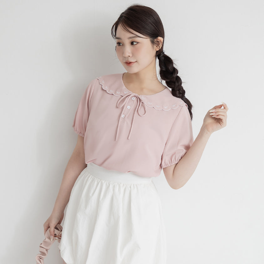 Cute Bow Embroidered Collared Plus Size Top