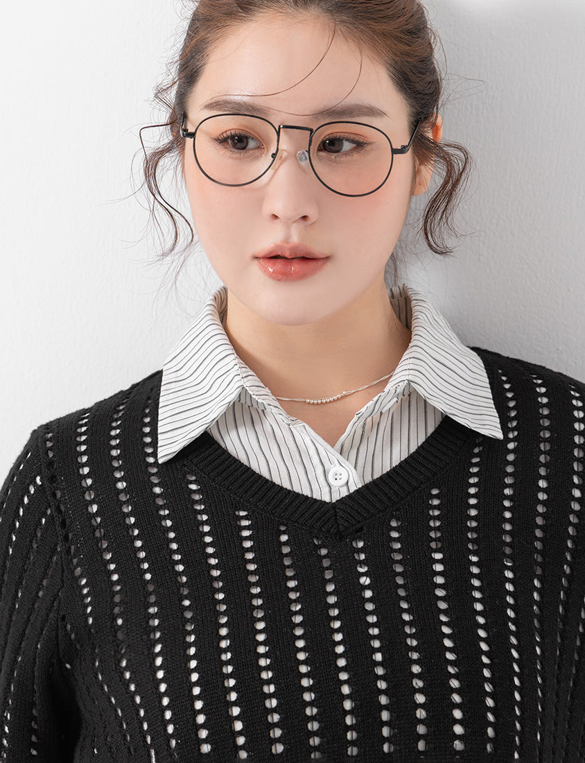 V-Neck Openwork Ribbed Knit Long Sleeve Plus Size Top