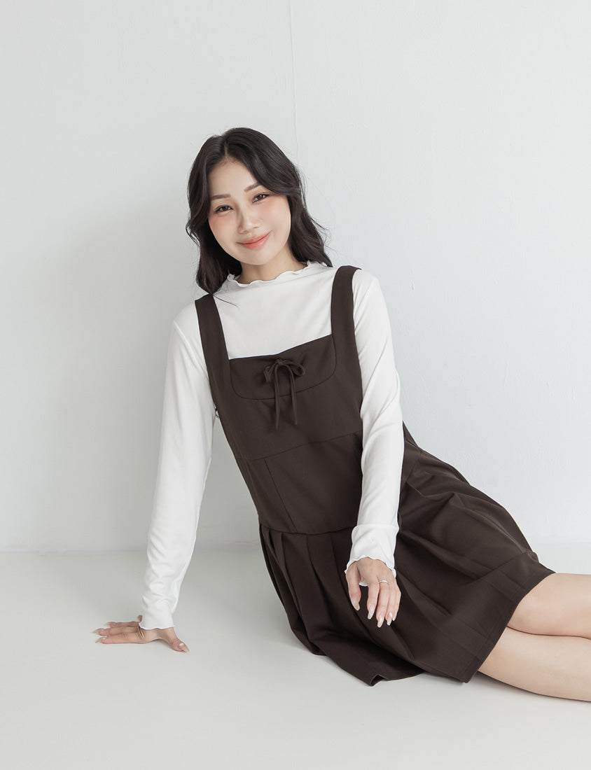 Square Neck Tie-Front Pleated Pinafore Plus Size Mini Dress
