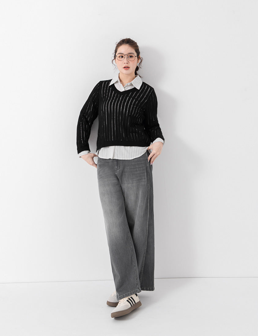 V-Neck Openwork Ribbed Knit Long Sleeve Plus Size Top