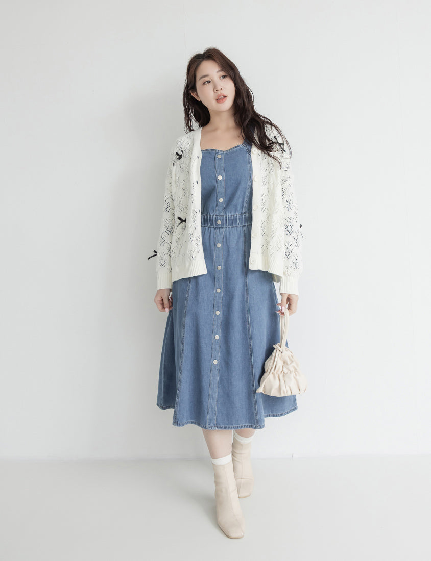 Smock-Waisted Square Neck Faux-Button Denim Plus Size Maxi Dress
