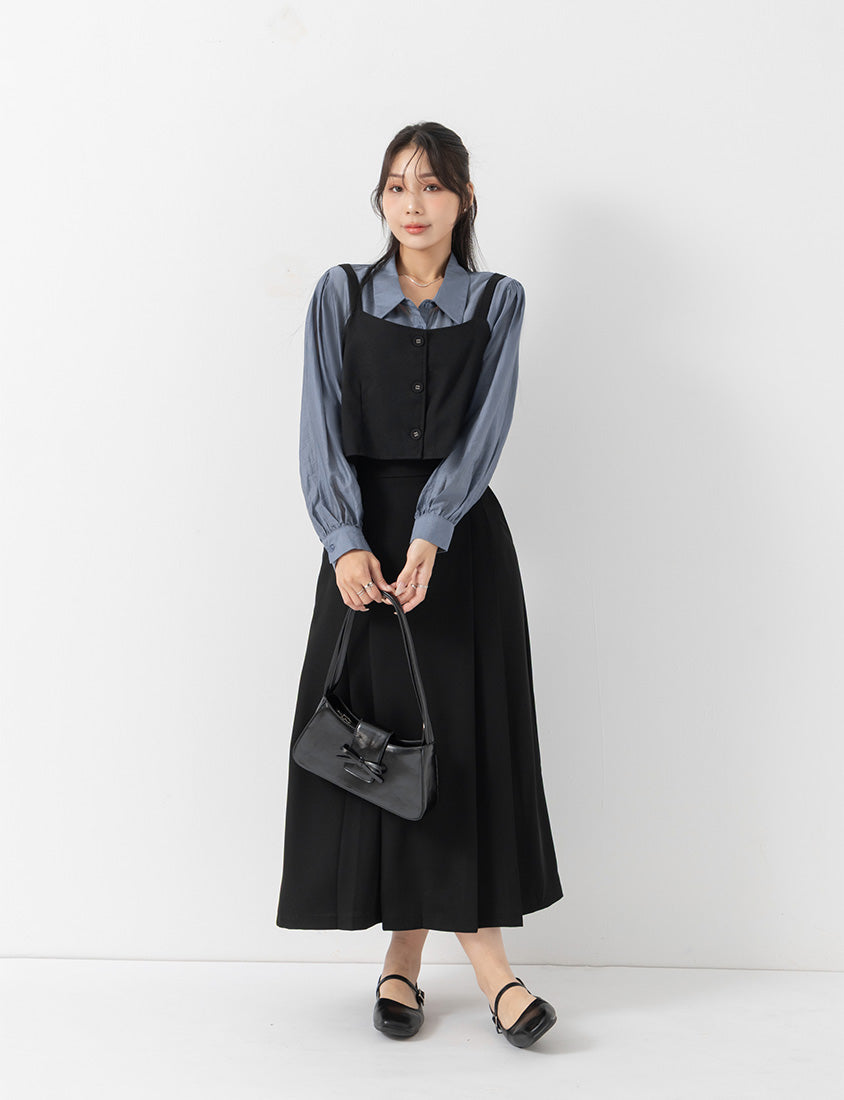 MISS. Elegant Heart Buckle Belt Pleated Plus Size Maxi Skirt