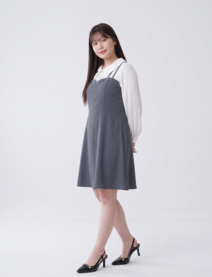 MISS. Smart Collared Faux Two-Piece Strap Plus Size Mini Dress