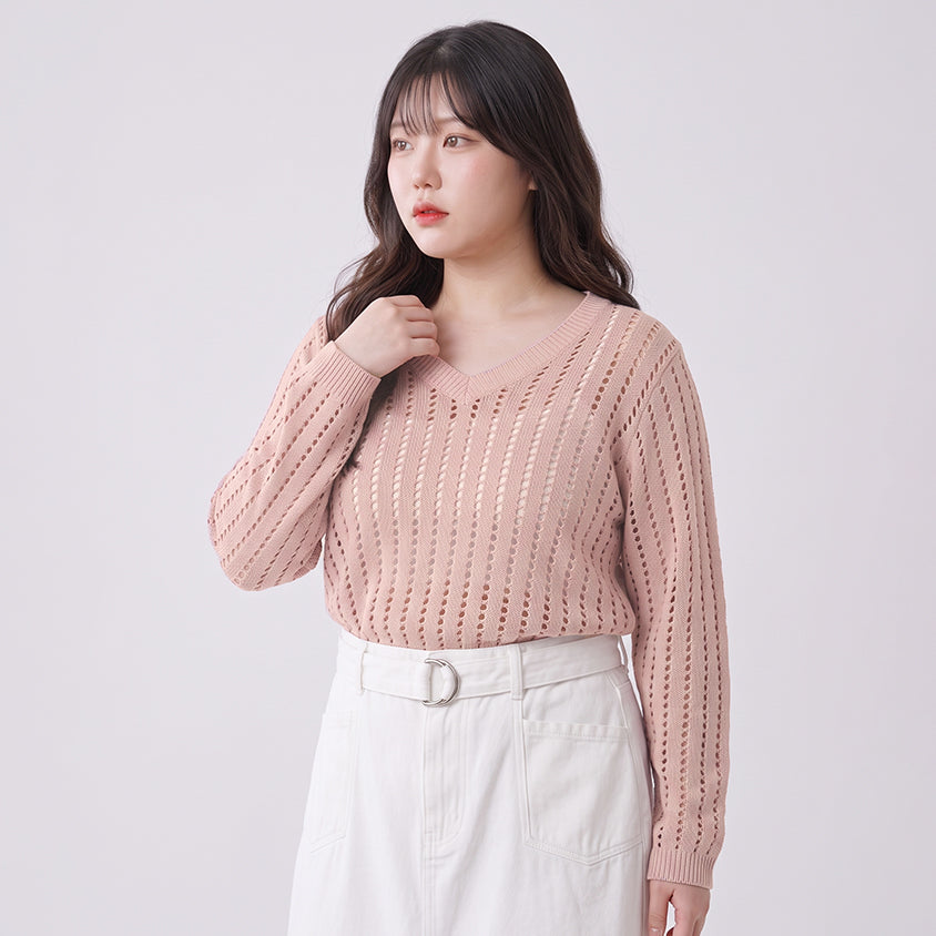 V-Neck Openwork Ribbed Knit Long Sleeve Plus Size Top